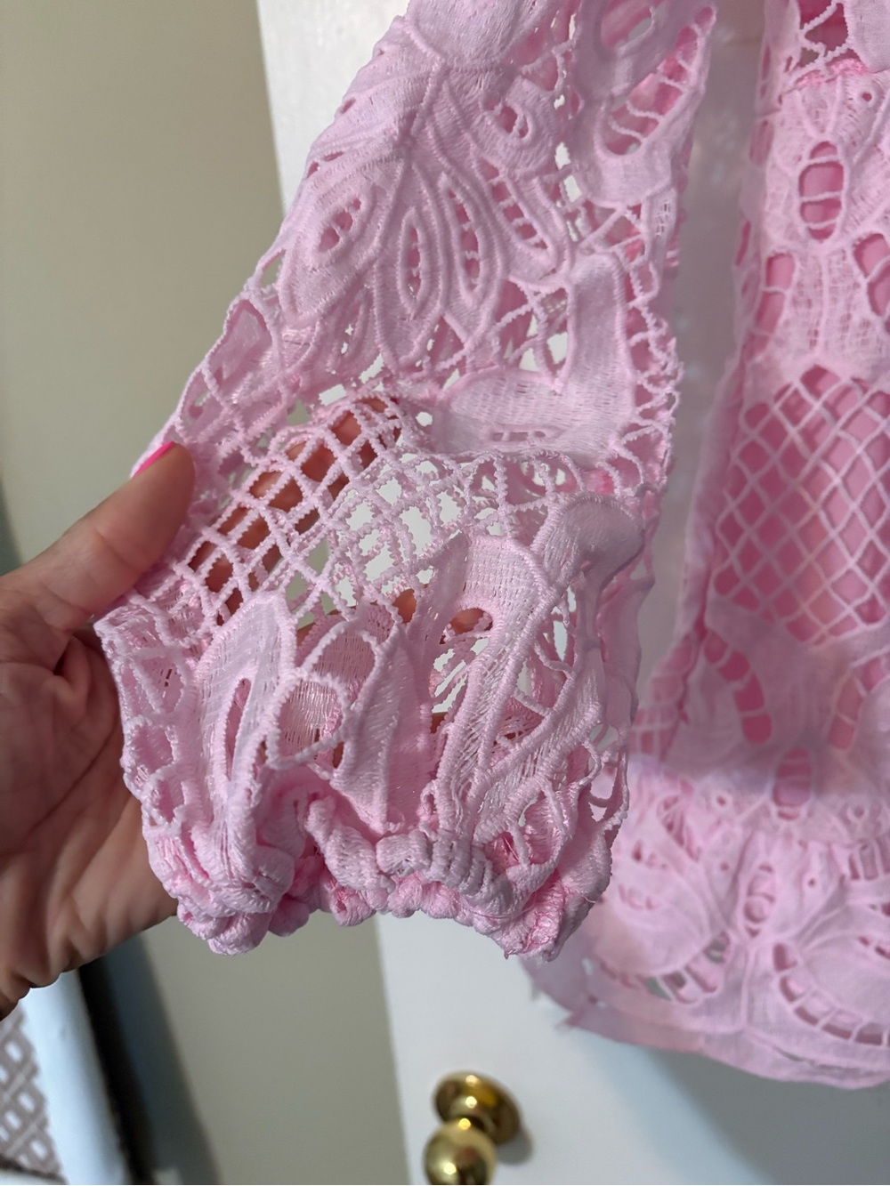 Pink Lace Cutout Mini Dress with Ruffle Hem - Picture 3 of 6